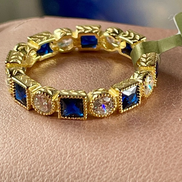 Blue/white SAPPHIRE 14k Blue/white Yellow gold on Silver Ring. 6 - Picture 9 of 12